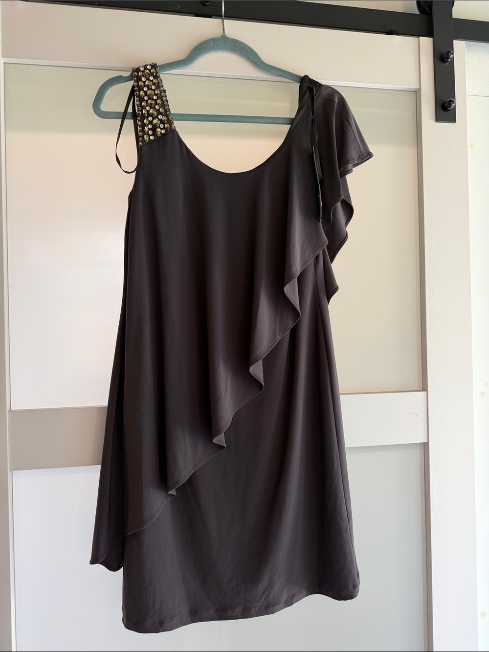 Asymmetric One-Shoulder Ruffle Dress with Embellished Strap